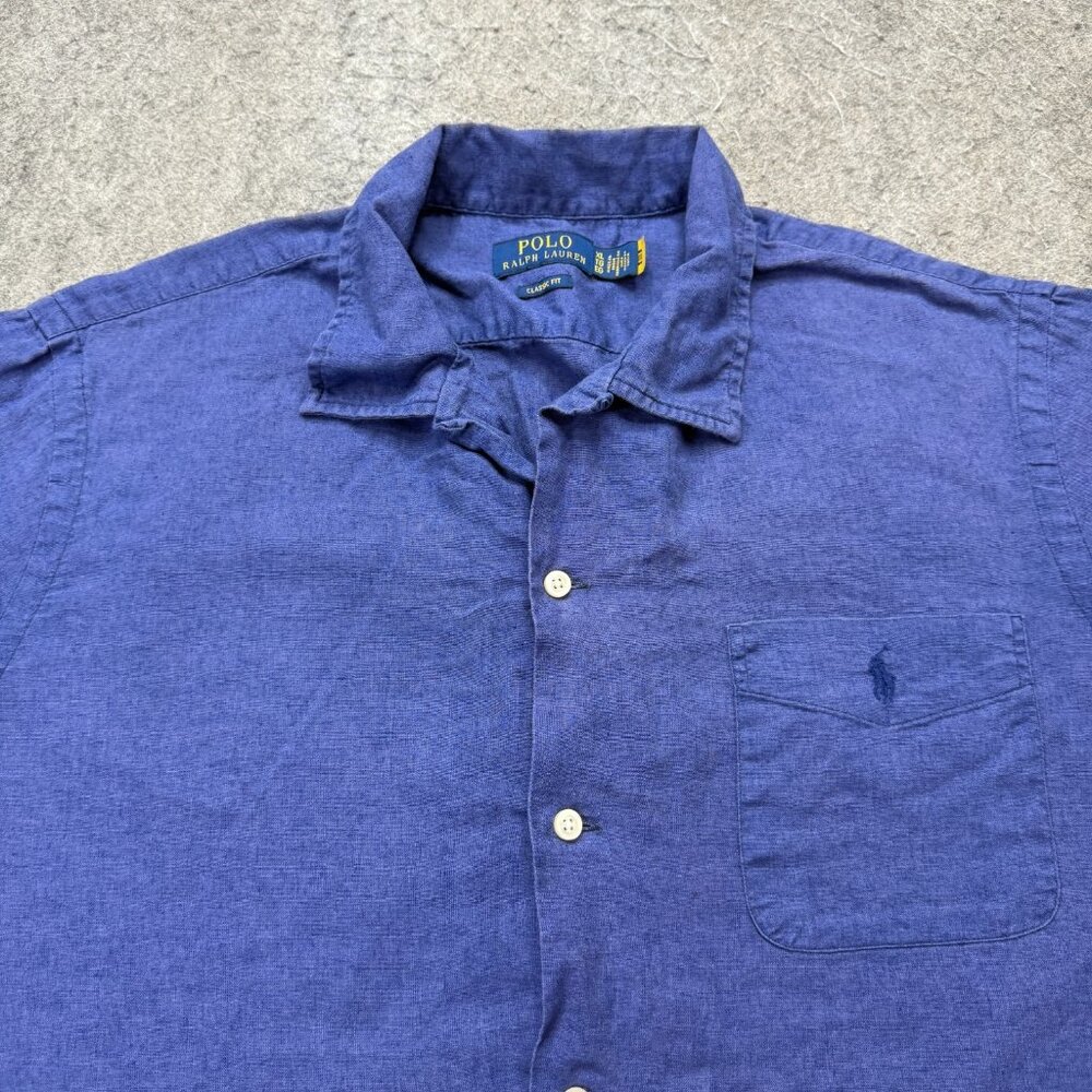Polo Ralph Lauren Camp Shirt Men XL Blue Linen Cotton Classic Fit 50 in